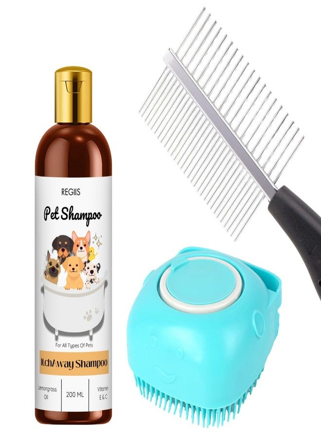 REGIIS Pet Grooming Set with Anti-Itch Shampoo, 200ml Lemongrass Oil Formula, Metal Pin Brush, Silicone Massage Brush for Dogs and Cats(Pack of 3) - Image 1